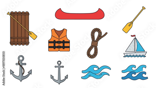 Various water sports and maritime travel essentials like a raft, canoe, life jacket, rope, oar, sailboat, anchors, and blue waves for summer vacation promotions and safety guidelines.
