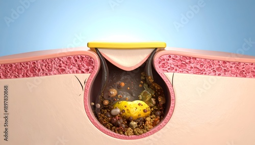 Cross-section medical illustration depicts a blocked pore extraction