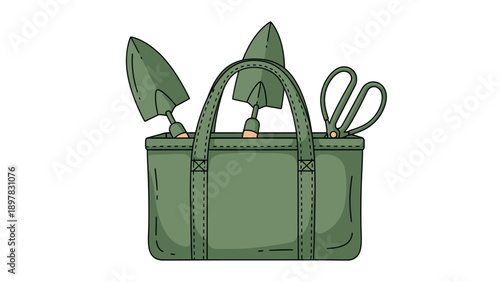 Practical garden tote bag filled with essential green hand tools like shovels and shears, perfect for spring planting projects and landscaping work