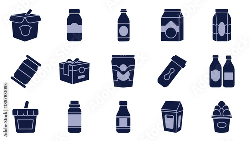 A comprehensive collection of diverse product packaging icons representing various consumer goods, perfect for shopping applications, supermarket interfaces, and retail business