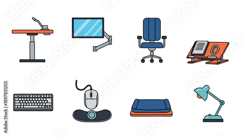 Essential ergonomic office equipment for an optimized modern workspace promoting comfort and productivity with adjustable desk elements computer input devices and supportive accessories