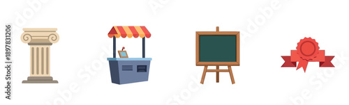 A graphic compilation showcasing a sturdy column, a charming street stand, a functional chalkboard with an easel, and a decorative award seal, perfect for enhancing educational resources,