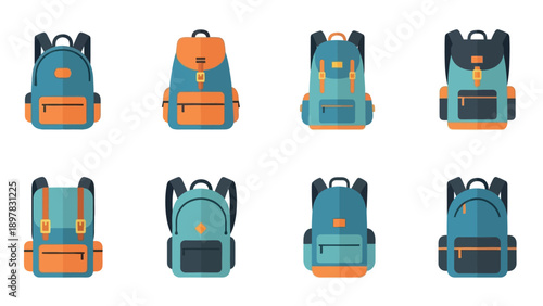 Collection of diverse flat style travel backpacks and school rucksacks suitable for outdoor adventures and educational concepts.