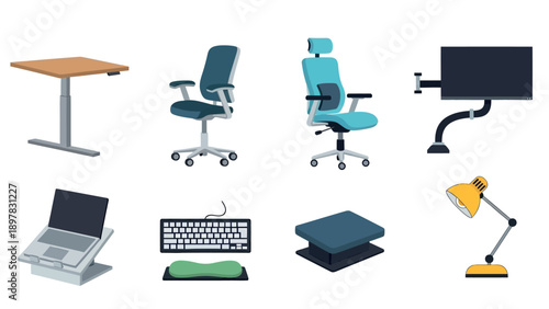Ergonomic office furniture and accessories for a healthy productive workspace, including adjustable desk, comfortable chairs, monitor arm, laptop stand, keyboard wrist rest, footrest, and