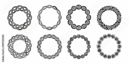 Intricate black and white woven circle patterns arranged in a grid format