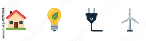 Sustainable home energy concepts with a house, green light bulb, electric plug, and wind turbine symbolizing renewable power and environmental care for applications