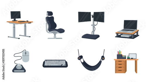 Collection of ergonomic office equipment and technology peripherals including adjustable desks, comfortable chairs, monitor stands, keyboards, and mice, essential for healthy and productive