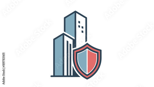 Property protection icon showing modern highrise buildings and a shield, symbolizing secure real estate investments and reliable insurance services for urban development projects.