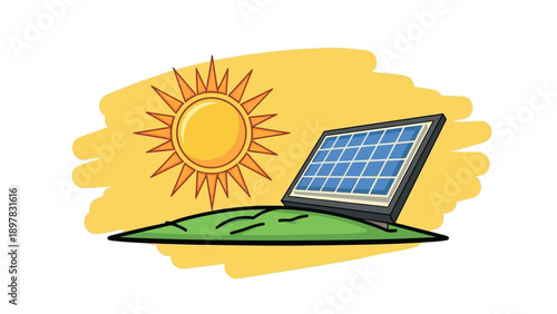 A vibrant graphic depicting a solar panel harnessing energy from the sun on a green landscape, perfect for environmental sustainability and renewable energy promotions.