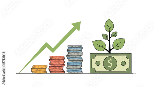 Visualize financial prosperity and investment growth with increasing coin stacks and a money plant, perfect for illustrating successful business development and wealth accumulation