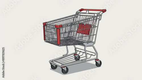 A detailed empty supermarket shopping cart with red handles and wheels provides a clear visual for retail, consumerism, and purchasing concepts.