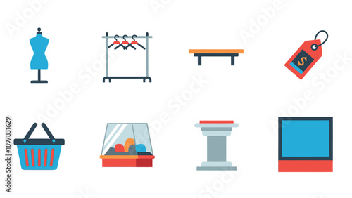 A collection of retail and shopping related flat icons including a mannequin, clothes rack, price tag, shopping basket, display case, pedestal, and monitor for various commerce applications