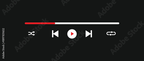 Modern dark mode media player interface vector with red progress bar, play button, shuffle, and repeat icons