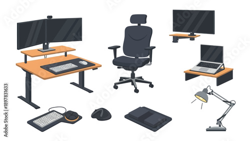 A comprehensive collection of ergonomic office equipment and computer accessories, including a standing desk, dual monitors, and an adjustable chair, ideal for modern home workstation