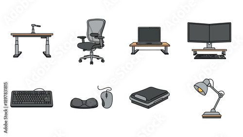 Optimized work environment tools bundle with sit stand desk ergonomic chair computer peripherals and scanning device perfect for contemporary productive office space requirements.