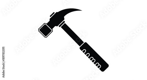 A stark black silhouette depicts a classic claw hammer angled slightly against a plain white background high quality