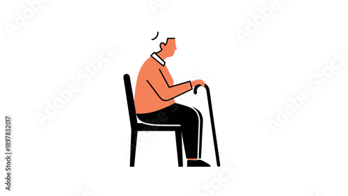 An elderly gentleman holding a walking stick while seated on a chair, perfect for illustrating themes of aging, retirement, or senior care in medical and lifestyle presentations.
