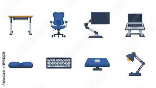 Essential modern office workspace equipment for a productive home office setup featuring an ergonomic chair, desk, monitor on an arm, laptop stand, keyboard, mouse, wrist rest, and