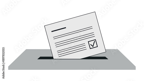 A marked ballot paper being cast into a simple grey ballot box, representing democratic elections, civic participation, and crucial decisionmaking processes for political campaigns and
