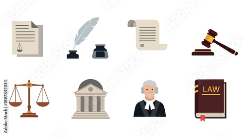 Extensive set of legal and justice system icons representing documents, court tools, symbols, and professionals perfect for legal education resources or law firm presentations