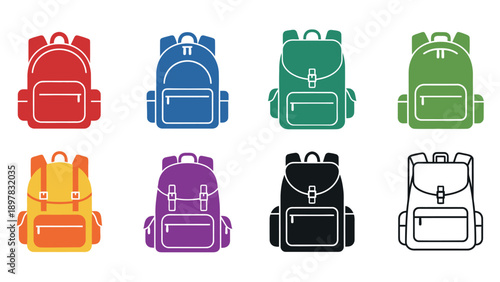 Colorful backpack icons representing essential travel luggage and school accessories perfect for educational projects packing checklists and outdoor adventure applications