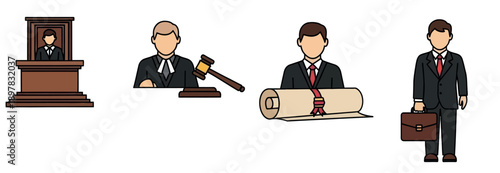 Legal profession icons featuring a judge in court, a justice gavel, a lawyer with a diploma, and an attorney carrying a briefcase, suitable for law firm branding and educational resources