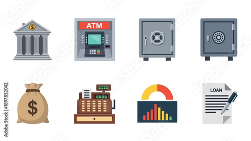 Versatile collection of banking and financial icons featuring a bank, ATM, safes, money bag, cash register, charts, and loan agreement for business concepts, economic analysis, and