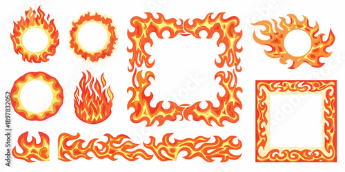 Collection of vibrant cartoon style fire shapes and frames