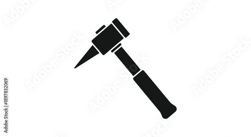 A stark black silhouette depicts a pickaxe a mining tool against a plain white background emphasizing simplicity