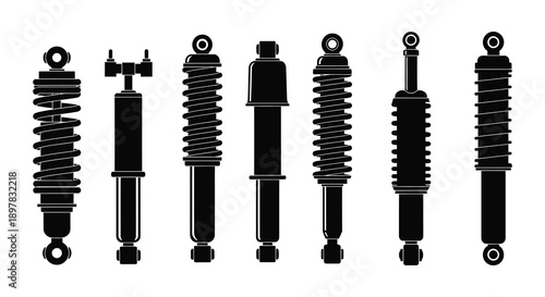 A black silhouette illustration depicts various automotive shock absorbers and strut assemblies in a row high quality professional