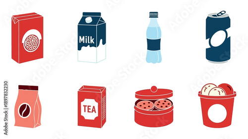Collection of essential grocery items including cereal, milk, water, soda, coffee, tea, cookies, and ice cream, perfect for supermarket advertisements and product catalogs