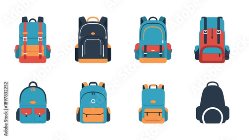 A collection of various stylized backpacks and rucksacks designed for travelers students and outdoor enthusiasts perfect for educational or adventure themed projects