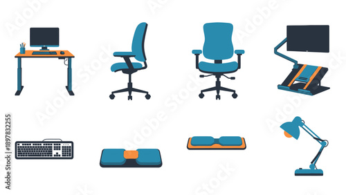 Various ergonomic office essentials including computer desk, comfortable chair, monitor arm, keyboard, footrests, and desk lamp, ideal for modern workspace setup and productivity guides.