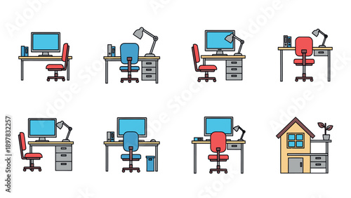 Comprehensive collection of modern office workstations showcasing various computer desk setups with ergonomic chairs, task lamps, and efficient storage solutions ideal for business