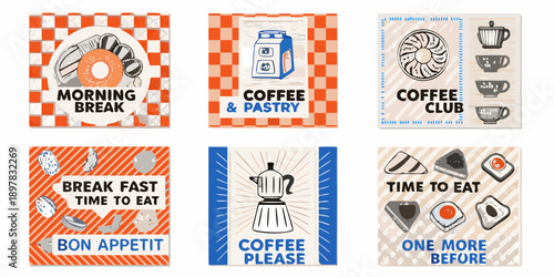 Collection of vintage style breakfast and coffee themed illustrated cards