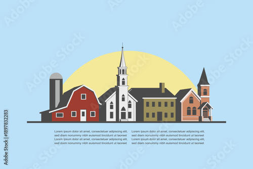 Town skyline with diverse New England style traditional architecture. buildings and sun in flat illustration style.