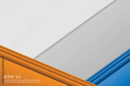 Modern abstract background showing layered geometric shapes in orange, blue, and grey