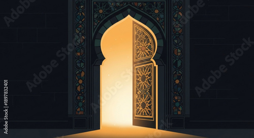 Ornate Islamic Doorway Opening to Bright Light in Dark Room