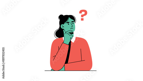 A thoughtful woman with green skin and a red shirt ponders a question, symbolized by a large question mark, ideal for conveying uncertainty, decisionmaking, or problemsolving in diverse