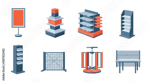 A collection of modern isometric retail display units commercial shelving and public furniture for store layouts shopping mall planning and business presentations