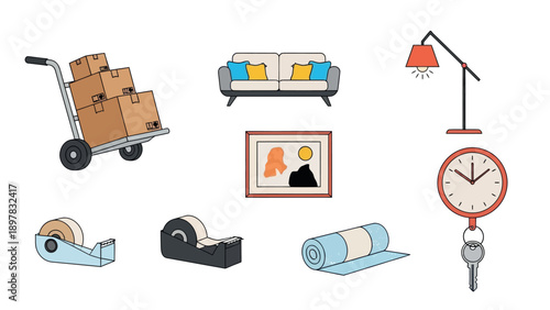 Household and moving items sofa, lamp, picture, clock, hand truck with boxes, tape dispensers, bubble wrap, useful for relocation or home organization projects.