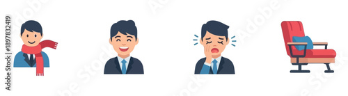 Collection of flat vector illustrations depicting various businessman personas including a man with a scarf, a happy executive, a person experiencing discomfort or toothache, and a