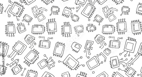 Dynamic Line Art Design Featuring Microchips in a Tech-Inspired Abstract Pattern