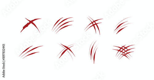 Set of realistic red beast claw scratches, wild animal slash marks, and monster rip wounds isolated on white