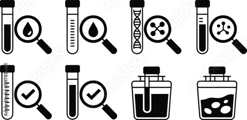 Science Laboratory Test Tubes with Magnifying Glass Icons