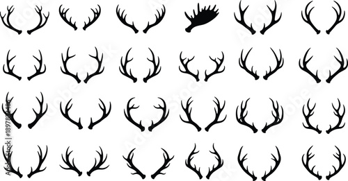 Deer antler silhouettes collection, wild stag horn shapes set, hunting wildlife emblem vector illustration, rustic nature symbols isolated on white background