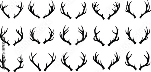 Deer antler silhouettes vector collection, stag horn variations, wildlife trophy symbols, black rustic hunting illustration set isolated on white background