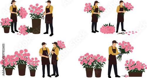 Professional florist, arranging, pink, roses, in, flower, shop, bouquet, preparation, vector, illustration, gardening, workspace, blooming, plants, retail, decor, design