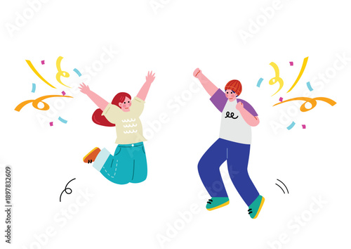 ジャンプして喜ぶ若い男女