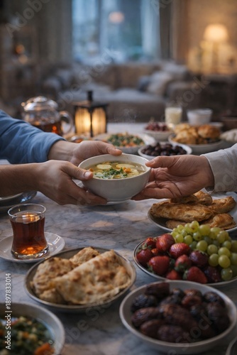 Hands pass warm meal bowl over wooden table with fresh bread and fruit